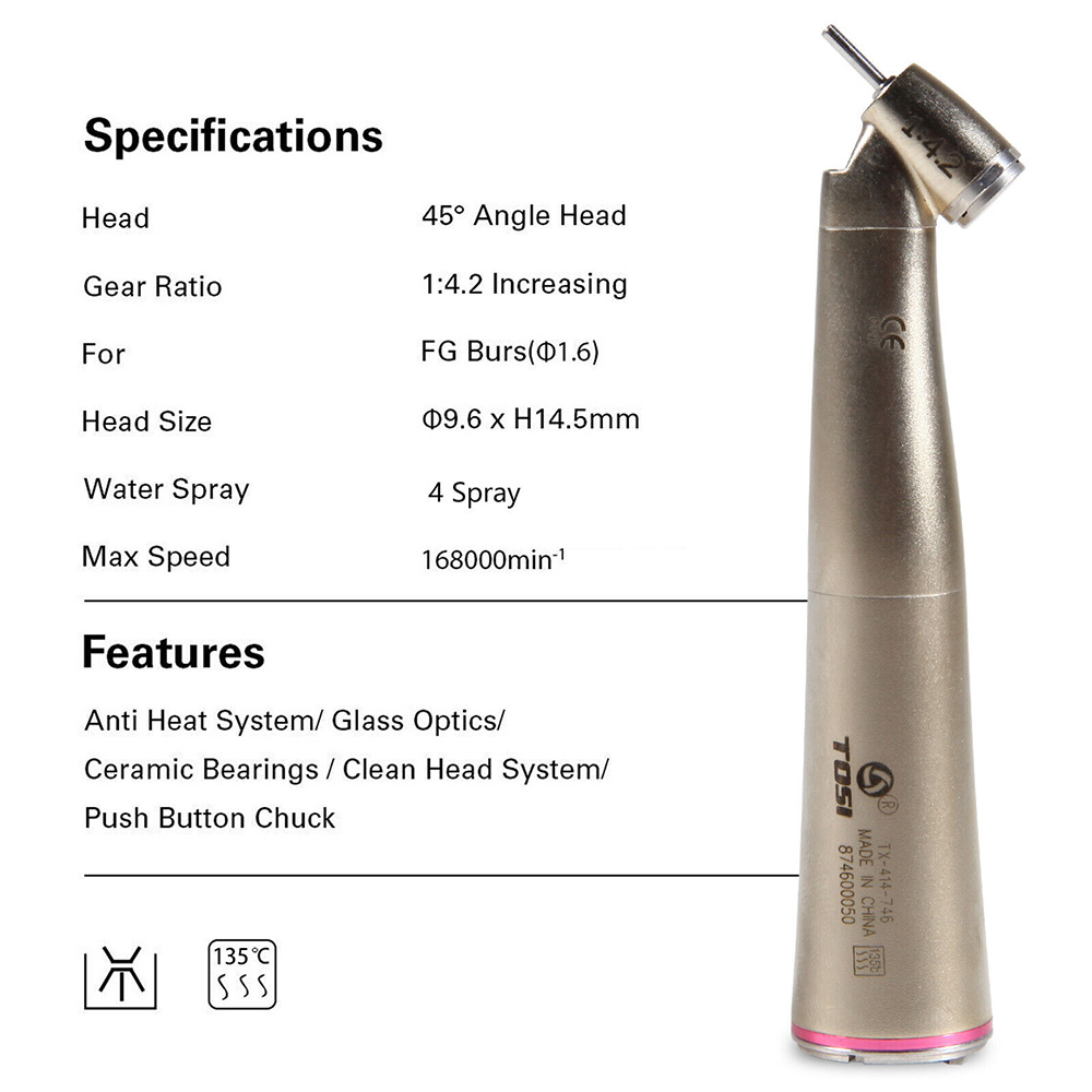 TOSI TX-414-746 Dental 45° Degree Contra Angle 1:4.2 Speed Increasing Fiber Optic LED Handpiece